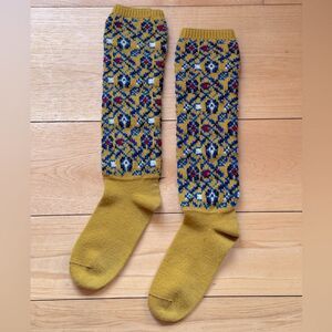 Vintage Handmade Cottagecore Coquette Yellow Fair Isle Hand Knit Boot Socks S/M